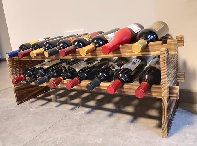 Carbonized Pine Wood Wine Rack - 2-Tier Stackable Wine Storage, Holds 16 Bottles, Freestanding Wine Organizer for Kitchen, Living Room, Stylish & Durable