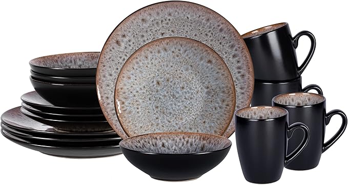 Stoneware Dinner Set Reactive Glaze (16pc Set, Beige)