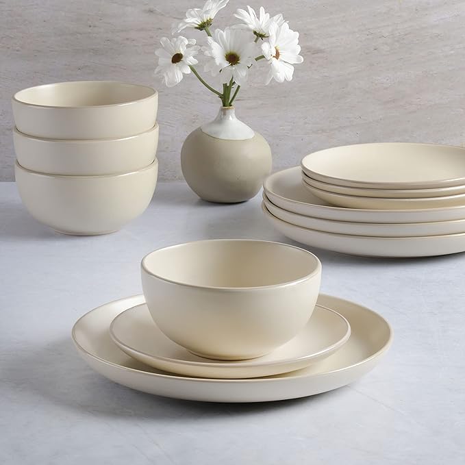 Gibson Home Rockaway 12-Piece Round Stoneware Dinnerware Set, Service for 4 ??Cream Plates and Bowls, Modern Matte Finish, Microwave & Dishwasher Safe