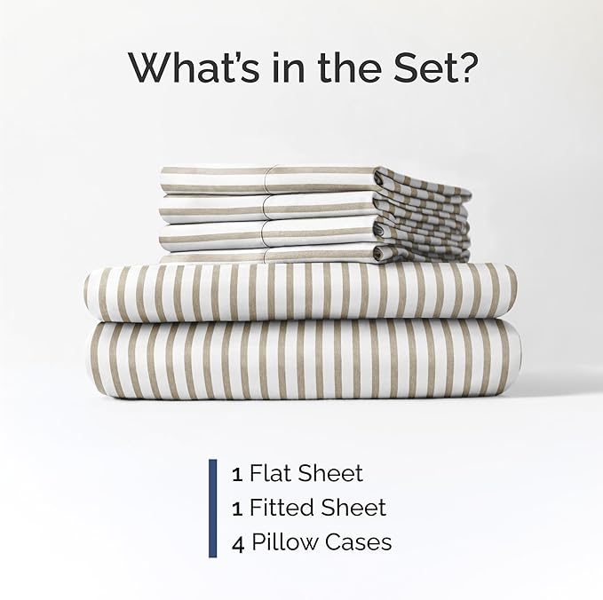 Cal King 6 Piece Sheet Set - Cooling, Comfy & Breathable - Hotel Luxury Bedding for Women, Men, Kids & Teens - 1 Flat & 1 Fitted Sheet & 4 Pillowcases with Deep Pockets - Wrinkle Free - Beige Stripes