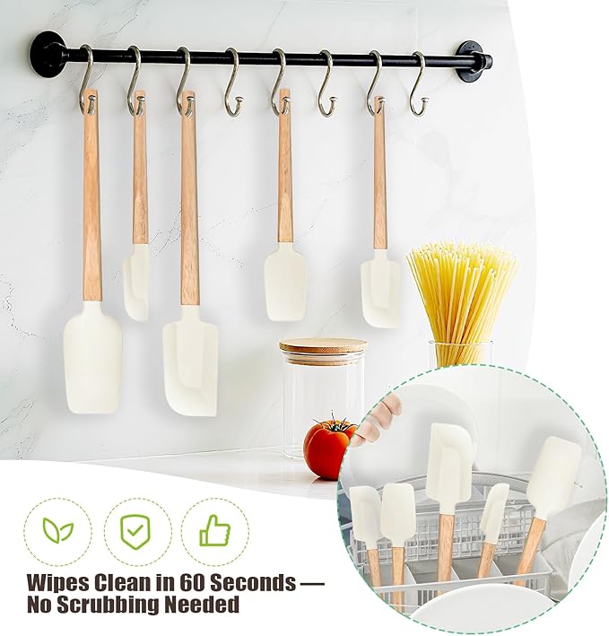 Non-Stick Rubber Spatula Set 5 Pieces - Food Grade Silicone Spatulas, Spoon Scraper, Jar Scraper, Flat Scraper for Baking Cooking Mixing Frosting - 600째F Heat Resistant (Cream White)