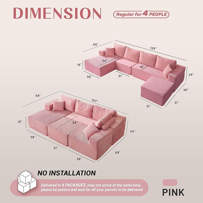 138" Boneless Couch with Deep Seat, Modular Sectional Sofa, Cloud Sectional Couch for Living Room, No Assembly Required, Corduroy, U-Shape 4 Seater Left, Pink