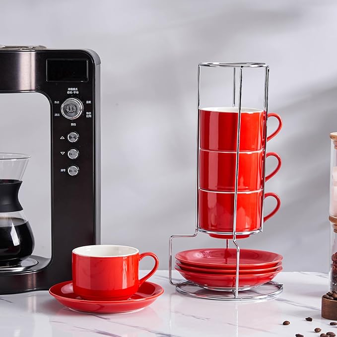 8oz Porcelain Cappuccino Cups with Saucers and Metal Stand, Stackable Coffee Cups for Specialty Coffee Drinks, Cappuccino, Latte, Espresso, Americano and Tea - Cups Set of 4, Red