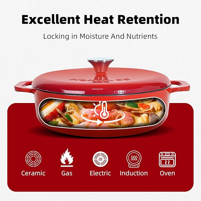 5.5 Quart Enameled Cast Iron Dutch Oven with Lid ??Dual Handles ??Oven Safe up to 500째 F or on Stovetop - Use to Marinate, Cook, Bake, Refrigerate and Serve ??Red