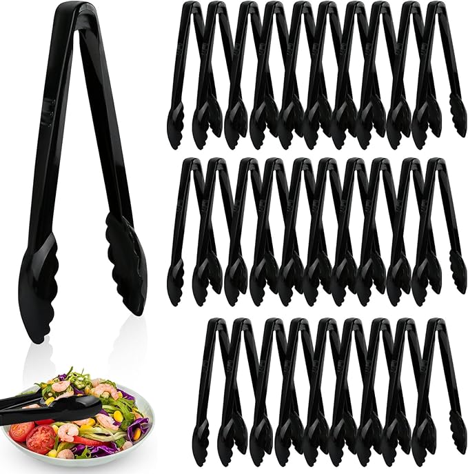 30 Pcs Black Plastic Serving Tongs, 8.5 Inch, Heavy Duty Reusable, Ideal for Buffets, BBQ, Weddings, Catering, Party