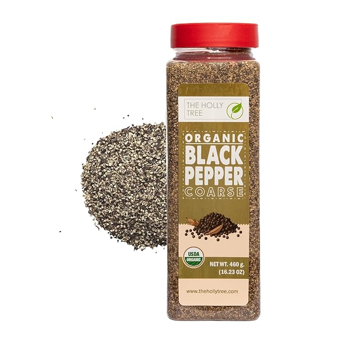 Organic Black Pepper Coarse - 16.2 oz Glass Jar - USDA Certified Organic, Non-GMO, Kosher & Gluten-Free - Premium Coarsely Ground Black Pepper for Cooking, Seasoning & Finishing - The Holly Tree