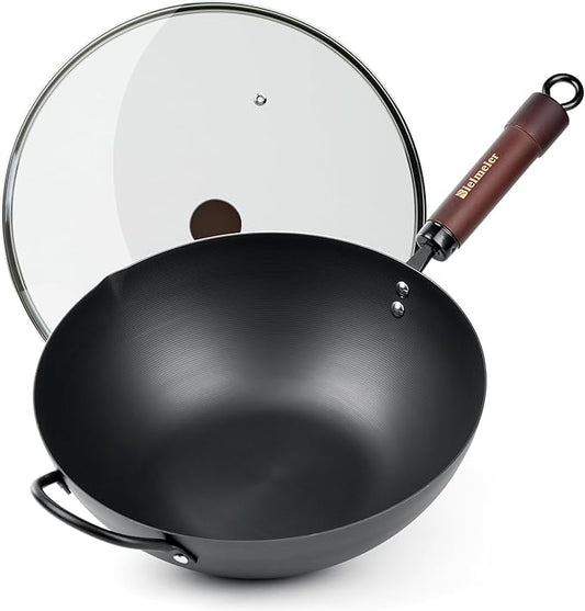 BIELMEIER Carbon Steel Wok, 12.5 Inch Stir Fry Pan with Lid, Natural Non-Stick Flat Bottom Wok for All Cooktops, Pre-Seasoned for Asian Cuisine, Saut챕, Searing