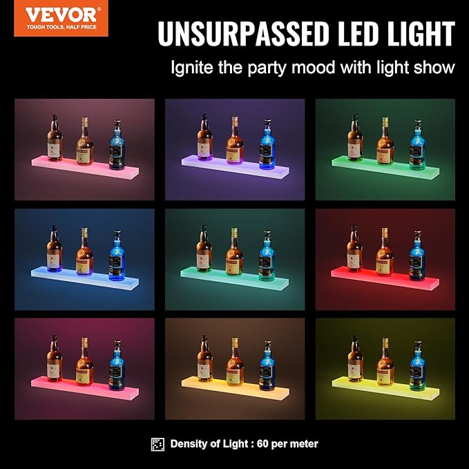 VEVOR LED Lighted Liquor Bottle Display, 1 Tier 24 Inch Wall Mounted Whiskey Rack Stand, 1 Step Commercial Illuminated Home Bar Shelf, Acrylic Drinks Light Shelves with RF Remote & App Control
