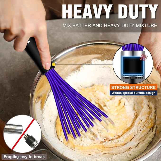 Walfos Whisk,7+9+11in Silicone Whisks for Cooking Non Scatch,Kitchen Whisk,BPA Free and Heat Resistant 480째F,Wisk Perfect for Frothing,Blending,Beating.Dishwasher Safe 3pcs Dark Purple