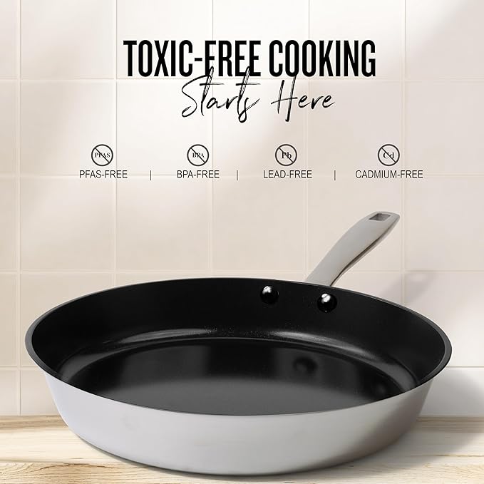 Alva Maestro 3-Piece Stainless Steel Nonstick Frying Pan Set ??Made Without PFAS, PFOA & PTFE Ceramic Coating ??Reinforced 5-Ply Aluminum Core, Oven & Induction Safe for Even Heat, Easy Clean Coating