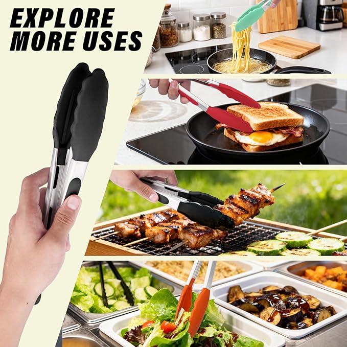 Salad Tongs, 7/9/12/16 Inch Silicone Food Tongs with 304 Stainless Steel Core, Easy-Grip, in Pistachio, Black, Blue, Orange, Red (Black, 7inch)