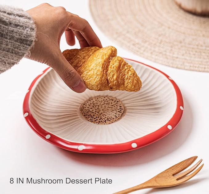 Mushroom Salad Plate, 8 in Polka Dot Safety Ceramic Dessert Appetizer Plates, Cute Dinner Plates, Dessert, Dish, Cake & More.