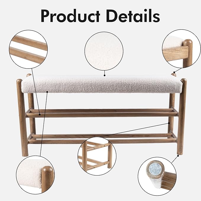 XINNAN Solid Wood Entryway Bench with Shoe Storage, Rustic Oak Wood and Sherpa Fabric 45 Inch Long Seating for Living and Dining Rooms, 3-Tier White