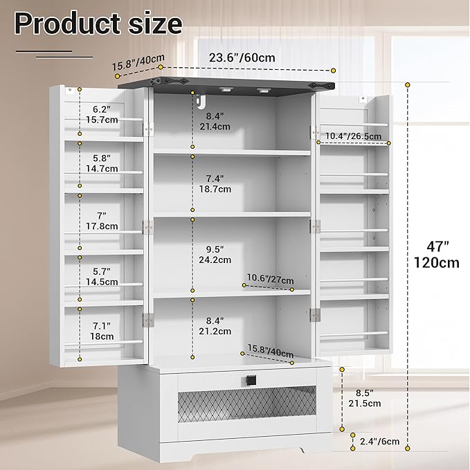 47" Kitchen Pantry Storage Cabinet White Tall Storage Cabinet with Doors, Adjustable Shelves, and Drawer Farmhouse Cupboard for Kitchen, Dining Room, Bathroom 16" D x 24" W x 47"
