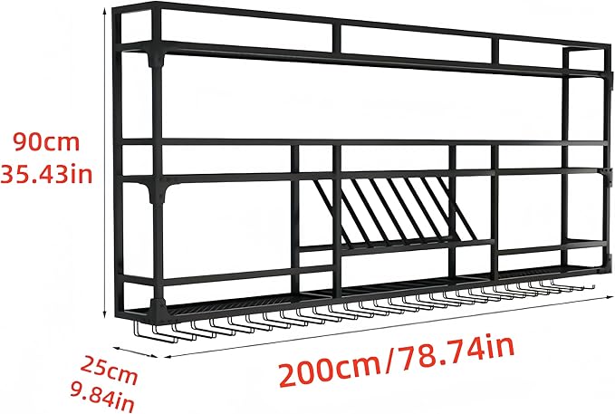 79Inch Metal Wall-Mounted Wine Rack with LED Light, 3 Tier Wine Storage Display Rack with Glass Holder, Space-Saving Bottle and Cup Display Shelf for Home Bars, Dining Rooms, Black