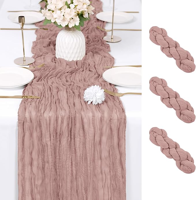 RealBox 3 Pack Dusty Pink Cheesecloth Table Runner 17x108 Inch Semi Sheer Boho Gauze Cheese Cloth Fabric Table Runners Table Decor for Wedding Party Baby Shower Birthday Home Decor Garden Farmhouse