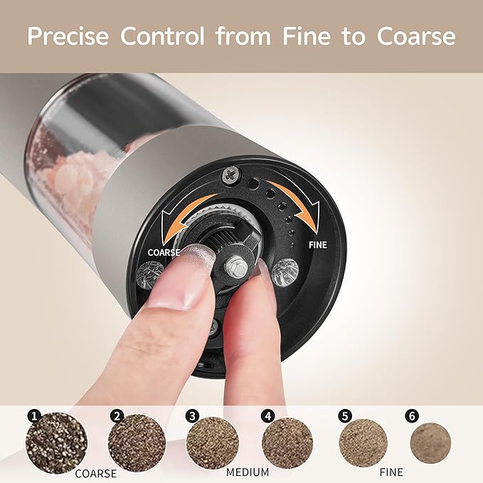 Electric Salt and Pepper Grinder Set with USB-C Charging Base,Rechargeable Automatic Stainless Steel Pepper Mill Grinder with LED Light, 2pack(Brown)