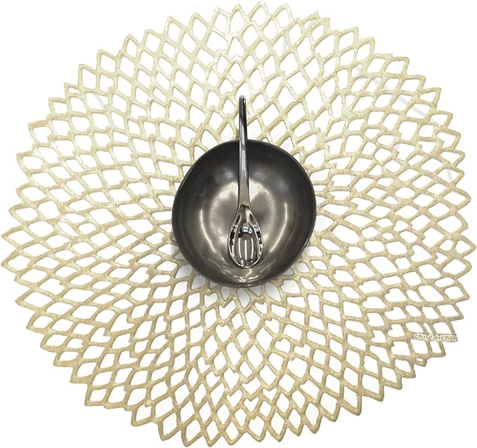 Chilewich Set of 8 - Pressed Dahlia Placemats in Champagne - Easy Care Openwork Table Mats - Indoor/Outdoor - 15.25'' x 14.25'' Round Chargers