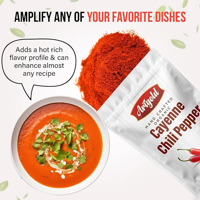 Arigold Organic Cayenne Pepper Powder - Hand Crafted Natural Hot Pepper - Ground Cayenne for Cooking - All-Natural, Non-GMO, Non-Irradiated, SHU 60,000-80,000 Heat, Resealable Bag, Vegan ??6 oz (170g)