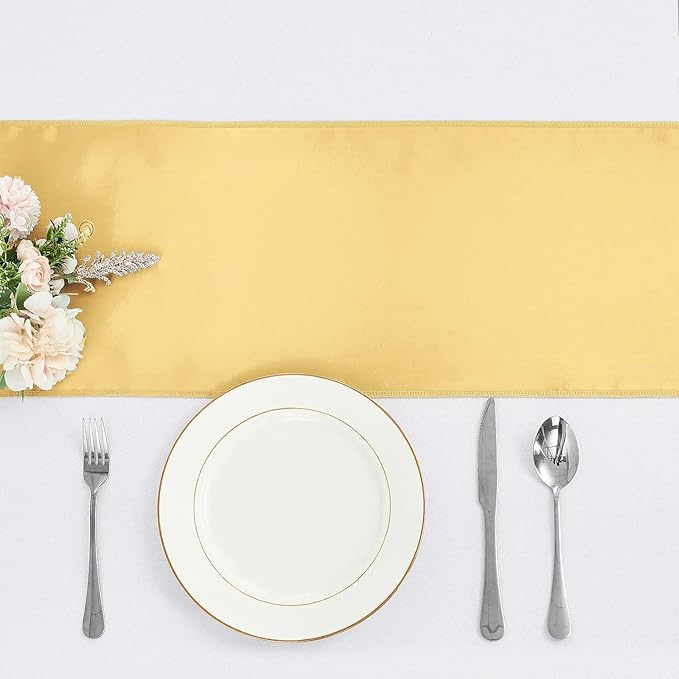 10-Pack Light Gold Satin Table Runner 12 x 108 Inch Long Bright and Smooth Silk Fabric Table Runner for Wedding Banquet Birthday Party Decoration