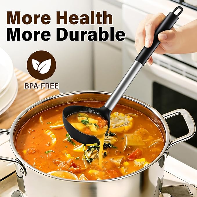 3 Pcs Silicone Cooking Spoon Set, Kitchen Utensils Include Solid & Slotted Spoon, Soup Ladle, Food-Grade Heat Resistant, Non-Scratch Spoons for Serving, Stirring, Draining, Dishwasher Safe, Black