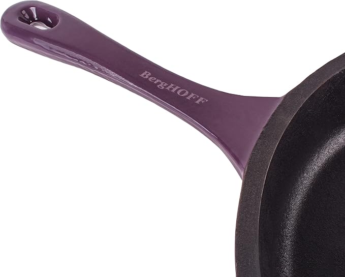 Berghoff Neo 3Pc Enameled Cast Iron Cookware Set, Fry Pan 10 inches, Grill Pan 11 inches, Slotted Steak Press, Fast, Evenly Heat, Oven safe (Purple)