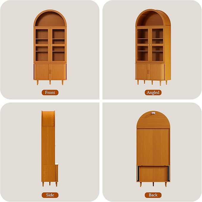 71" Tall Arched Kitchen Pantry, Modern Farmhouse Wood Kitchens Storage Cabinets with Sliding Doors竊?Adjustable Shelves, Versatile Cupboard for Kitchen, Living Dining Room, Bathroom (Yellow Walnut)