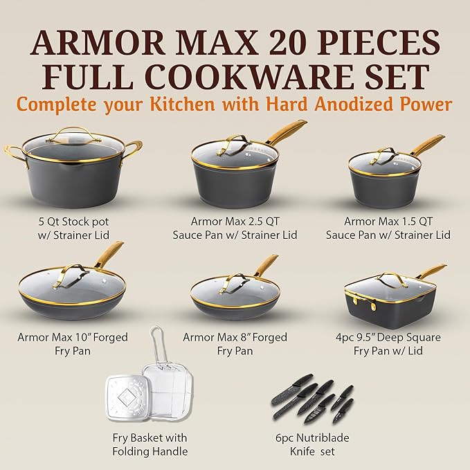 Granitestone 20pcs Induction Pots and Pans Set Non Stick Cookware Set with Deep Frying Pan & 6pc Knife Set, Hard Anodized Exterior with Armor Max Coating Lasts 8x Longer, Oven & Dishwasher Safe