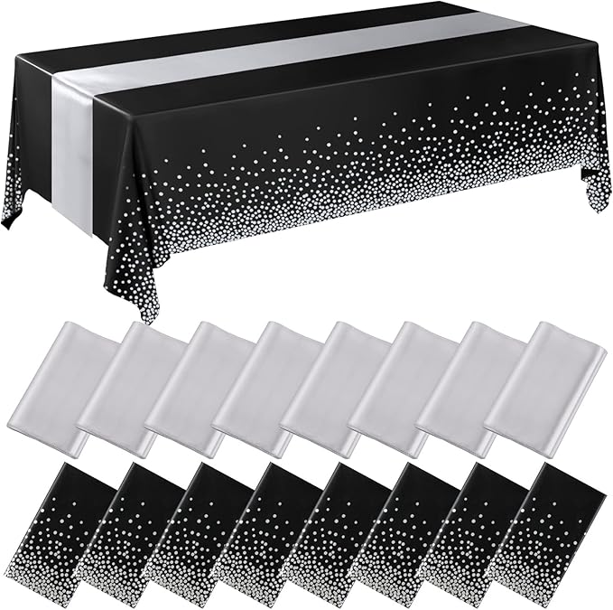 Tudomro 16 Pieces Black and Silver Disposable Plastic Tablecloths and Satin Table Runner Set 54x108 Inch Tablecloth 12x108 Inch Table Runners for New Year Wedding Birthday Baby Shower Graduation