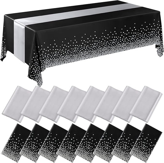 Tudomro 16 Pieces Black and Silver Disposable Plastic Tablecloths and Satin Table Runner Set 54x108 Inch Tablecloth 12x108 Inch Table Runners for New Year Wedding Birthday Baby Shower Graduation
