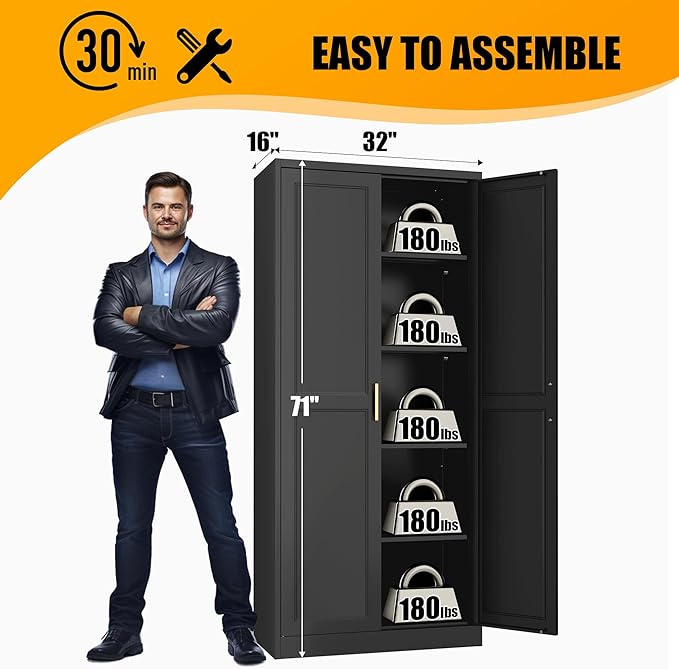 71" Tall Kitchen Storage Cabinet with Gold Handles, Metal Pantry Cabinets with 2 Doors, Food Pantry, Adjustable Shelves, Black Freestanding Pantry Cupboard for Dining, Kitchen, Living Room