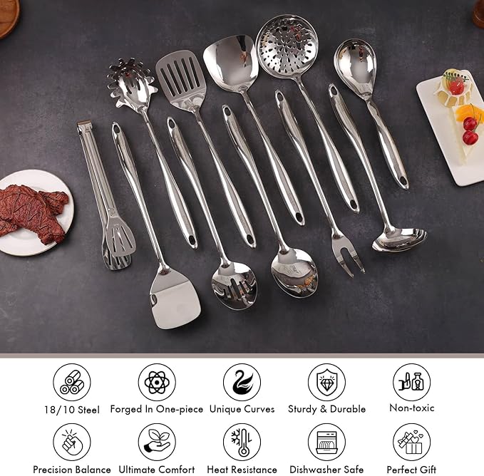 18/10 Stainless Steel Kitchen Utensils Set with Holder - 15??Spatula Spoon Set with Storage Organizer for Countertop, Fork, Tongs, Spatula, Ladle, Skimmer, Turner, Spaghetti, Large Spoon Set of 12