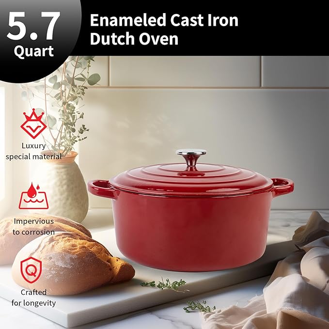 Enameled Cast Iron Dutch Oven Pot with Lid, 5.7 Quart Dutch Oven for Bread Baking, Oven Safe up to 500째 F, Suitable for Bread Baking, Braising, Roasting, Stews, Red