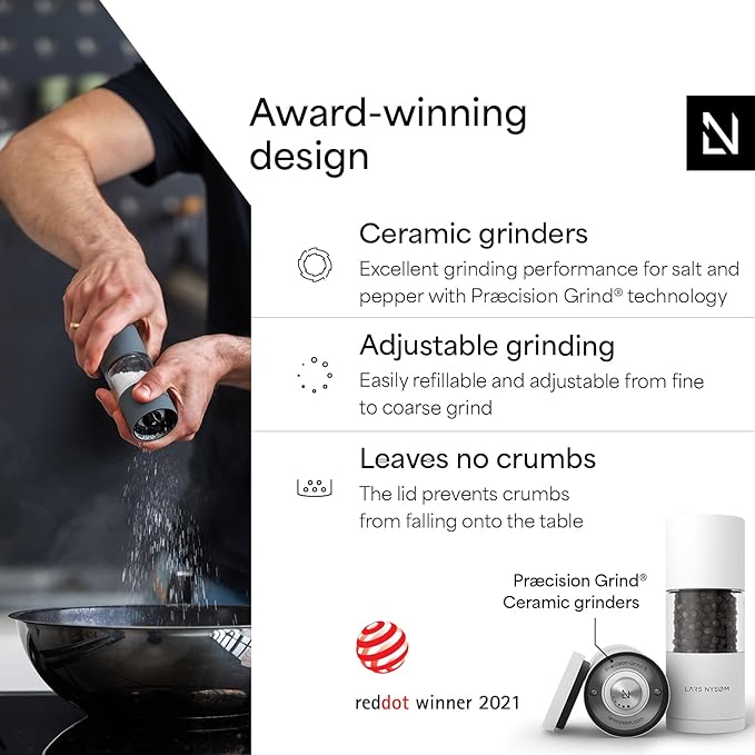 LARS NYS횠M Salt and Pepper Grinder Set I Salt and Pepper Mills with Adjustable Ceramic Grinder 2 pieces I Manual Design Spice Mill Set (Pure White)