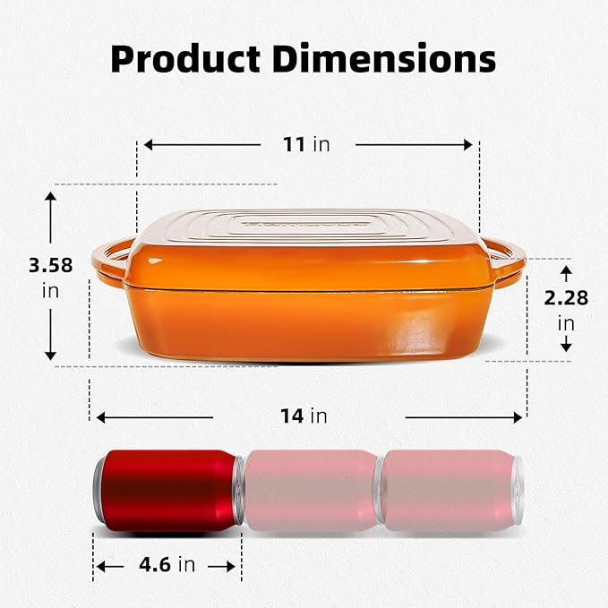 2-in-1 Square Enameled Cast Iron Dutch Oven 7QT Baking Pan and Gridle Lid with Dual Handles, Cast Iron Skillet lid, Coating Gridle for Baking, Braising and Grilling - Orange
