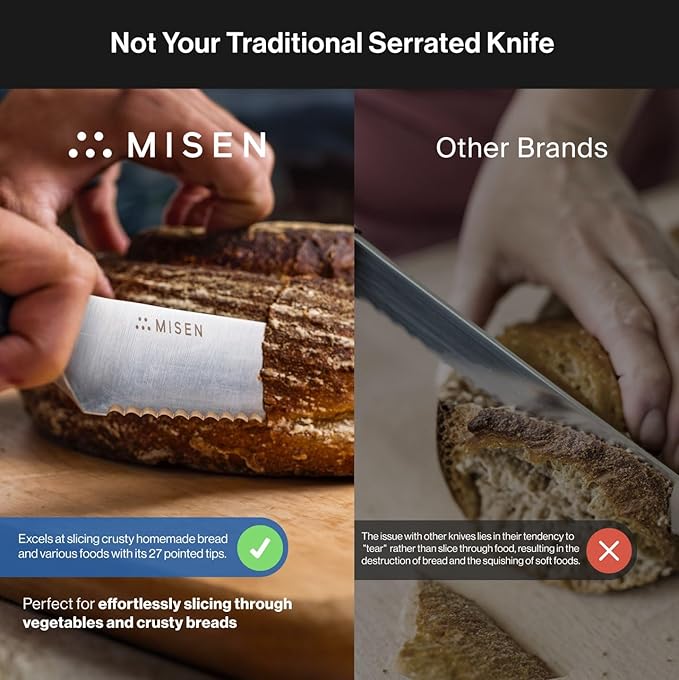 Misen Serrated Bread Knife ??High-Carbon Japanese AUS8 Steel ??Effortless Slicing of Bread, Pastries, and Fruits ??Razor-Sharp Edge and Durable Blade with Ergonomic Handle - 10", Gray