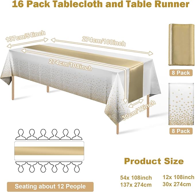 16Pack Disposable Plastic Tablecloths and Satin Table Runner Set White and Gold Dot Tablecloth Gold Satin Table Runner for Wedding Birthday Baby Shower Anniversary Christmas New Year Party Decorations