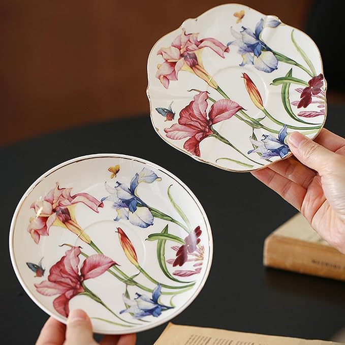 Floral Ceramic Cup Bone China Tea Cup and Saucer Set 6.8 Oz Gold Trim Vintage Style Porcelain Coffee Cup for Home Kitchen Office, Style 5