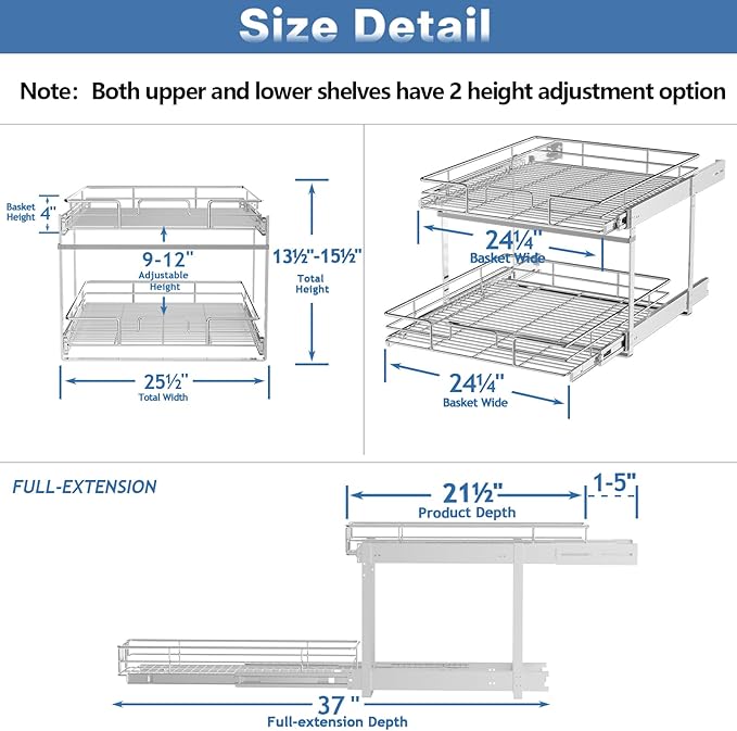 ROOMTEC Individual Pull Out Cabinet Organizer (25쩍"W x 21쩍"D), 2 Tier Spice Rack Organizer for Cabinet, Slide Out Drawer Pantry Shelf Organization and Storage for Kitchen Bathroom