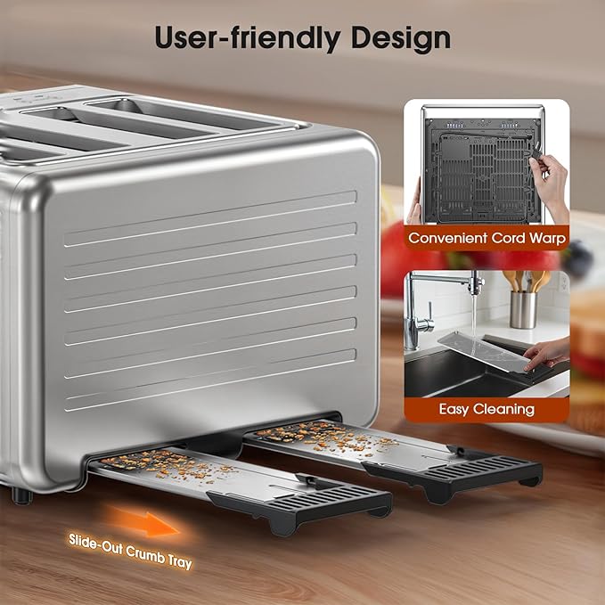 Smart Toaster 4 Slice Wide Slot??Dual Digital TouchScreen & Independent Control for Family | 1800W Stainless Steel for 6 Bread Types & Toast Settings | Defrost Reheat & Single-Slice Modes