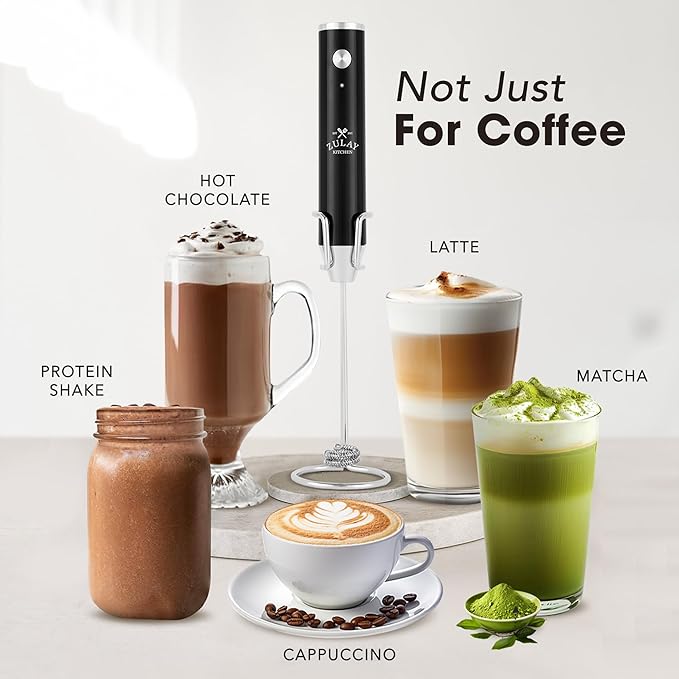 Zulay Kitchen Lux Electric Milk Frother Rechargeable Handheld - 4 Whisks, Powerful 2-Speed Motor, Waterproof, 2000mAh Battery - Drink Mixer for Latte, Cappuccino, Matcha & Protein Powder - Jet Black