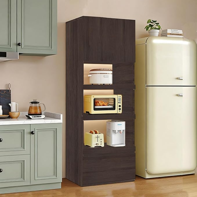 LINLIUA 71'' Tall Kitchen Pantry Cabinet, Wood Pantry Storage Cabinet with Doors, 3 Pull-Out Shelves and Drawer, Modern Slim Kitchen Hutch for Dining Room Small Space