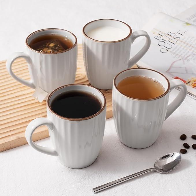 famiware Coffee Mugs Sets for 4, 12 oz Mug Set, Coffee Cups with Handle for Coffee, Tea, Cocoa and Milk, Microwave and Dishwasher Safe, White Stripe