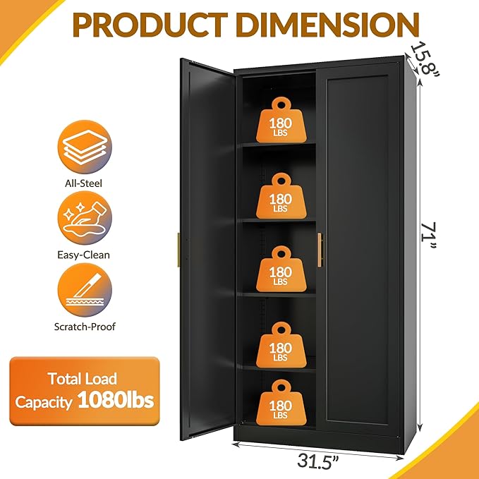 Kitchen Pantry Cabinet,71??Metal Tall Pantry Storage Cabinet with Doors and 4 Adjustable Shelves,Kitchen Storage Cabinets Black Freestanding Food Cabinet for Pantries, Kitchen, Livingroom, Dining Room