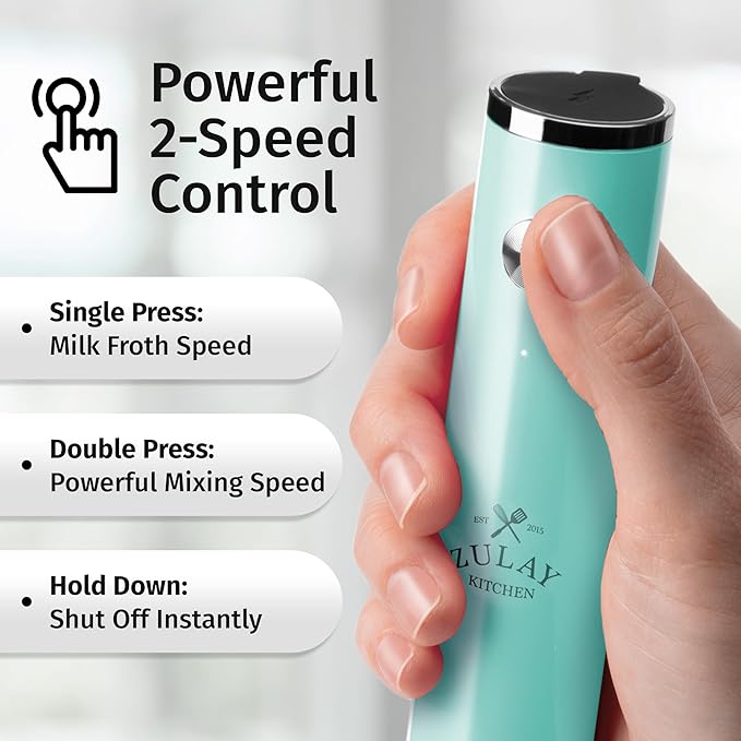 Zulay Kitchen Lux Electric Milk Frother Rechargeable Handheld - Powerful 2-Speed Motor, Waterproof, 2000mAh Battery - Drink Mixer for Latte, Cappuccino, Matcha & Protein Powder - Sky Blue