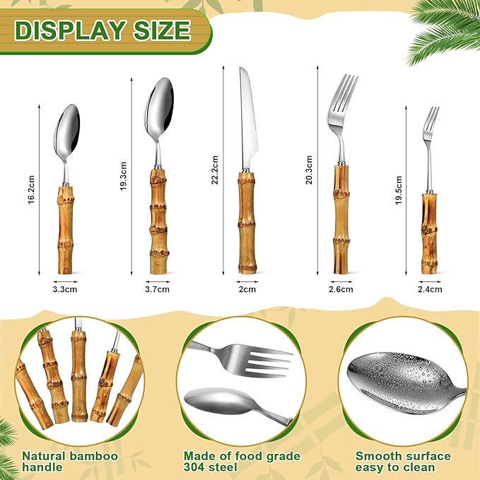 Eboot Bamboo Silverware Set 18/8 Stainless Steel Tableware Set Natural Utensil Flatware Kit Spoon Fork Knives Bamboo Handle Cutlery for Kitchen Wedding Home Restaurant Party(Silver,120 Pieces)