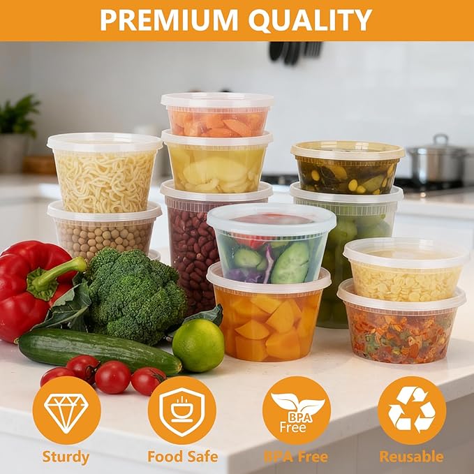 NESCCI 96 Pack (192-Piece) Deli Containers with Lids, 32/16/12/8 oz X 24 Set Each, Leak-Proof & BPA Free Airtight Takeout Plastic Food Storage Containers for Soup, Meal Prep,Microwave/Freezer Safe