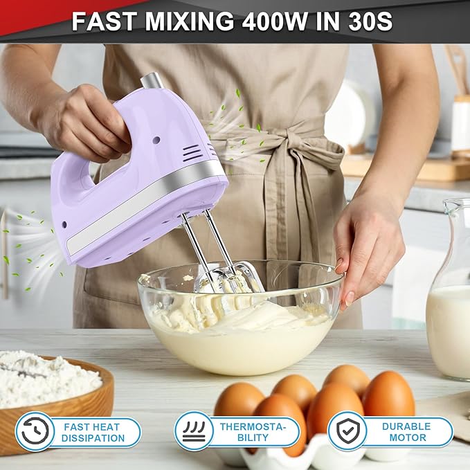 Lord Eagle Hand Mixer Electric 400W, 5 Speed handheld Mixer, 5 Stainless Steel Accessories for Baking Cake Egg Cream Food Beater, Turbo Boost/Self-Control Speed + Eject Button, Purple