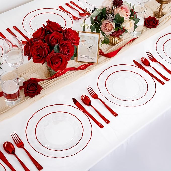 EI 150pcs Clear and Red Plastic Plates,Plastic Plates and sliverware,Clear Disposable Party Dinnerware Set for 30 Guests,Red Wavy Petal Edge Disposable Dinnerware Set for Wedding,Christmas,New Year