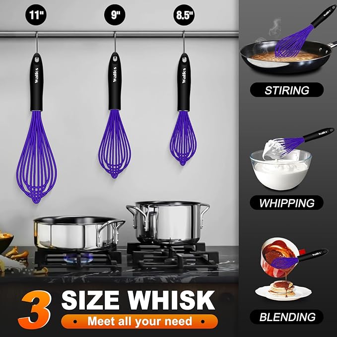 Walfos Whisk,7+9+11in Silicone Whisks for Cooking Non Scatch,Kitchen Whisk,BPA Free and Heat Resistant 480째F,Wisk Perfect for Frothing,Blending,Beating.Dishwasher Safe 3pcs Dark Purple